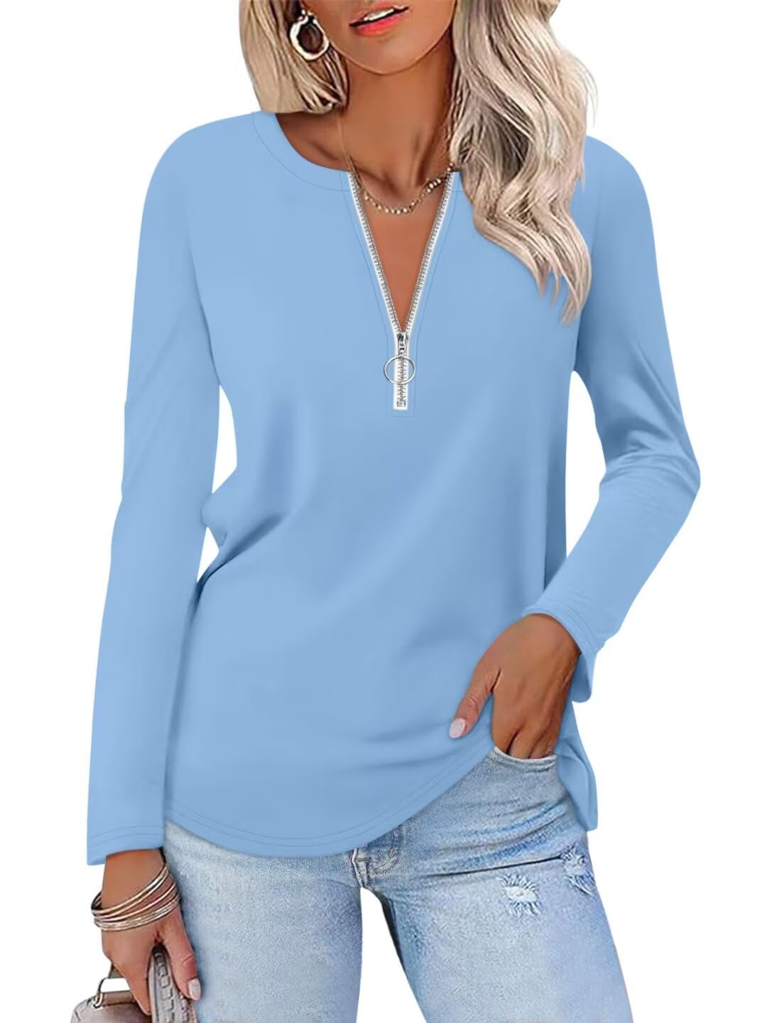 ORANDESIGNE Women's Long Sleeve Shirts Fall Zipper Tops Tunics Ladies Casual Tees Blouses