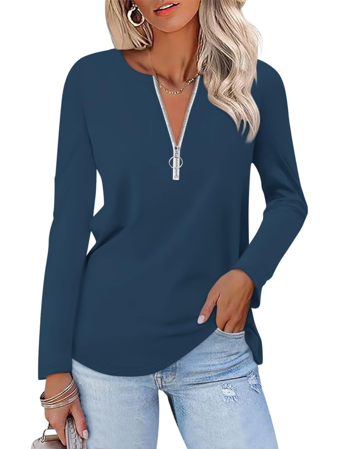 ORANDESIGNE Women's Long Sleeve Shirts Fall Zipper Tops Tunics Ladies Casual Tees Blouses