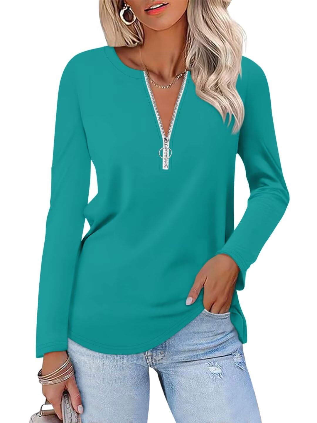 ORANDESIGNE Women's Long Sleeve Shirts Fall Zipper Tops Tunics Ladies Casual Tees Blouses