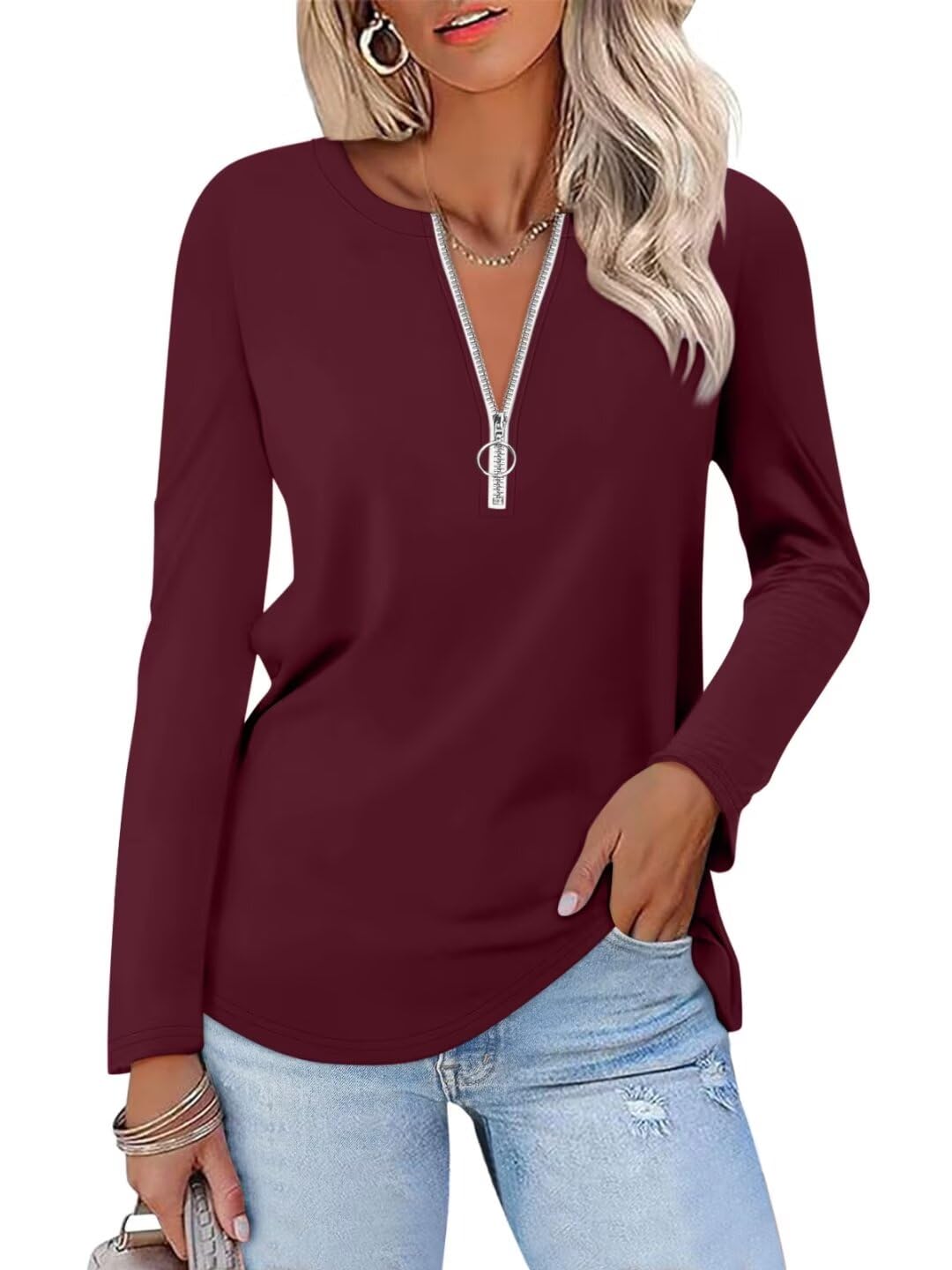 ORANDESIGNE Women's Long Sleeve Shirts Fall Zipper Tops Tunics Ladies Casual Tees Blouses