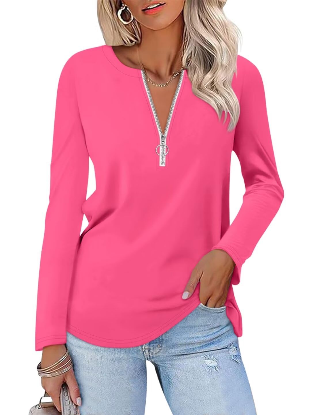 ORANDESIGNE Women's Long Sleeve Shirts Fall Zipper Tops Tunics Ladies Casual Tees Blouses