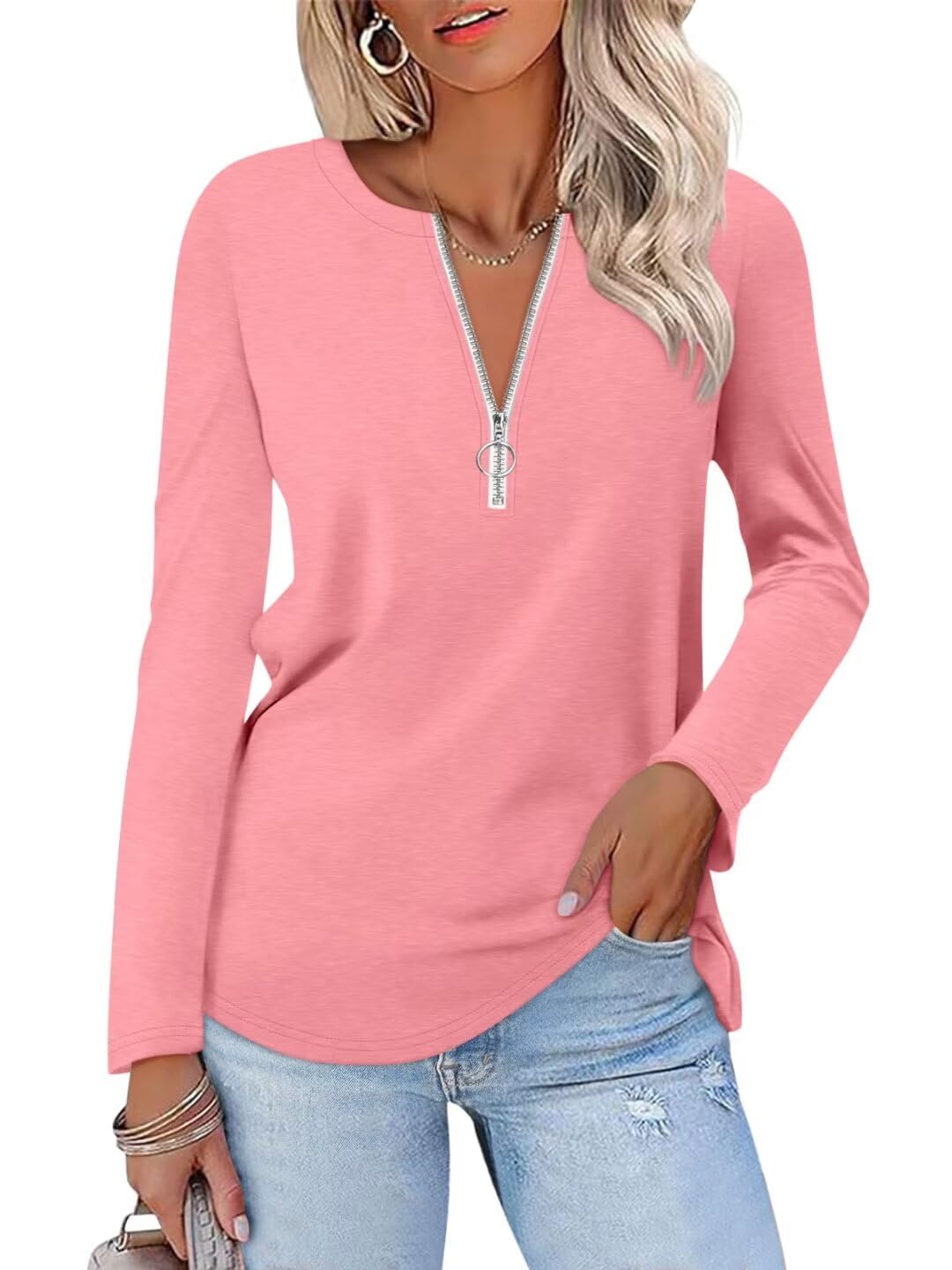ORANDESIGNE Women's Long Sleeve Shirts Fall Zipper Tops Tunics Ladies Casual Tees Blouses