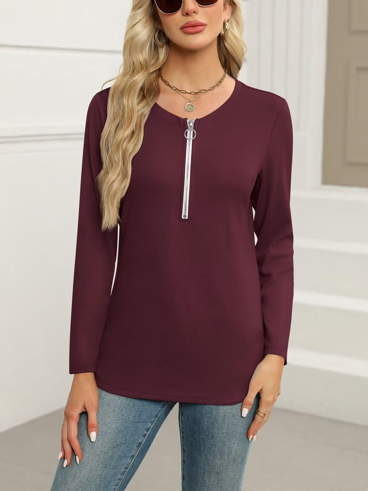 ORANDESIGNE Women's Long Sleeve Shirts Fall Zipper Tops Tunics Ladies Casual Tees Blouses