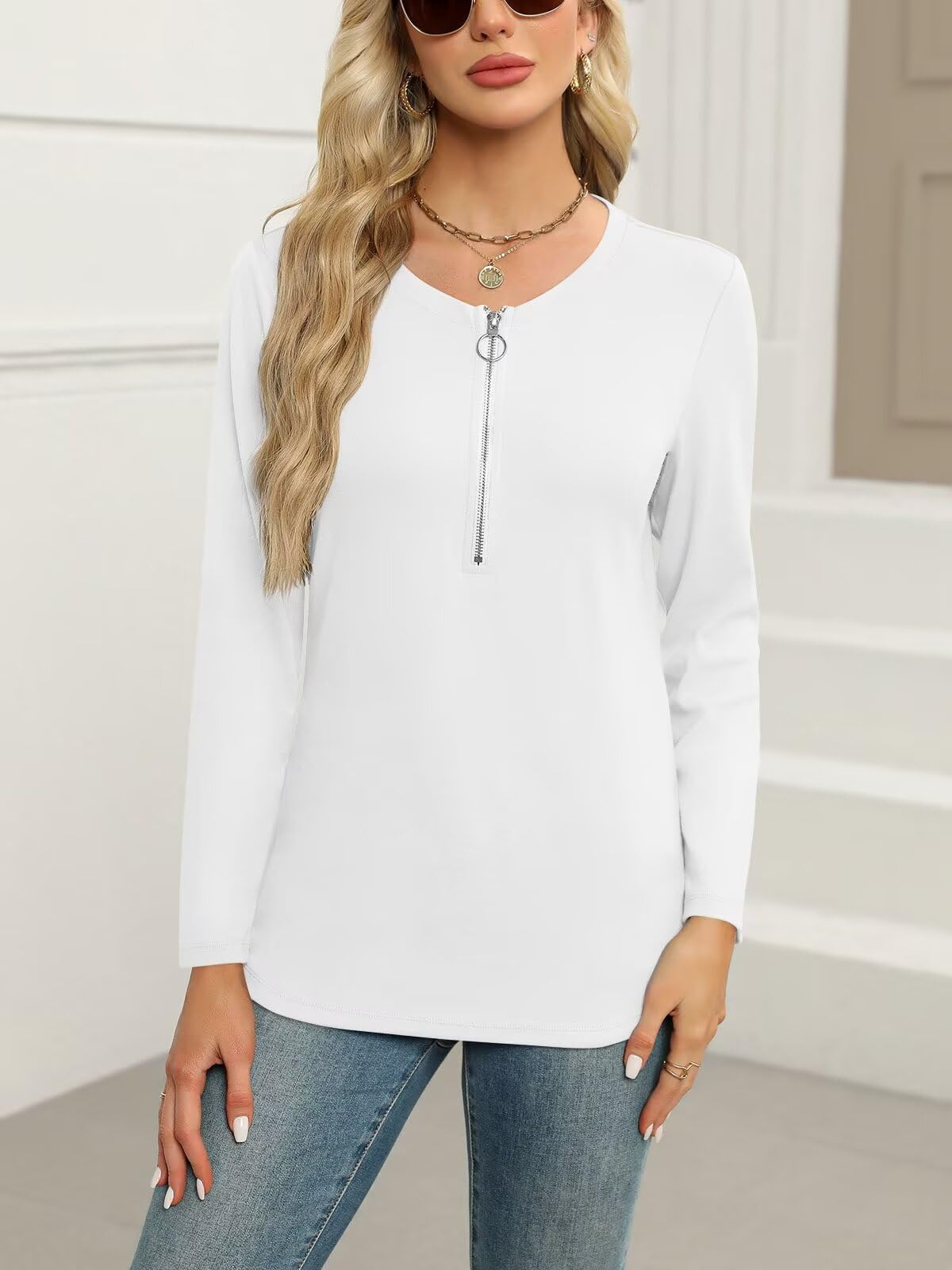 ORANDESIGNE Women's Long Sleeve Shirts Fall Zipper Tops Tunics Ladies Casual Tees Blouses