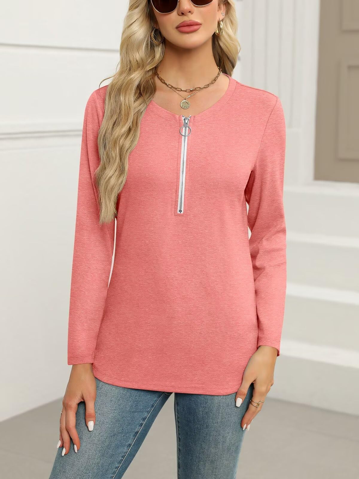 ORANDESIGNE Women's Long Sleeve Shirts Fall Zipper Tops Tunics Ladies Casual Tees Blouses
