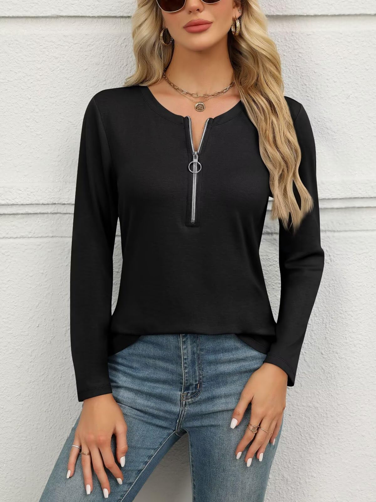 ORANDESIGNE Women's Long Sleeve Shirts Fall Zipper Tops Tunics Ladies Casual Tees Blouses