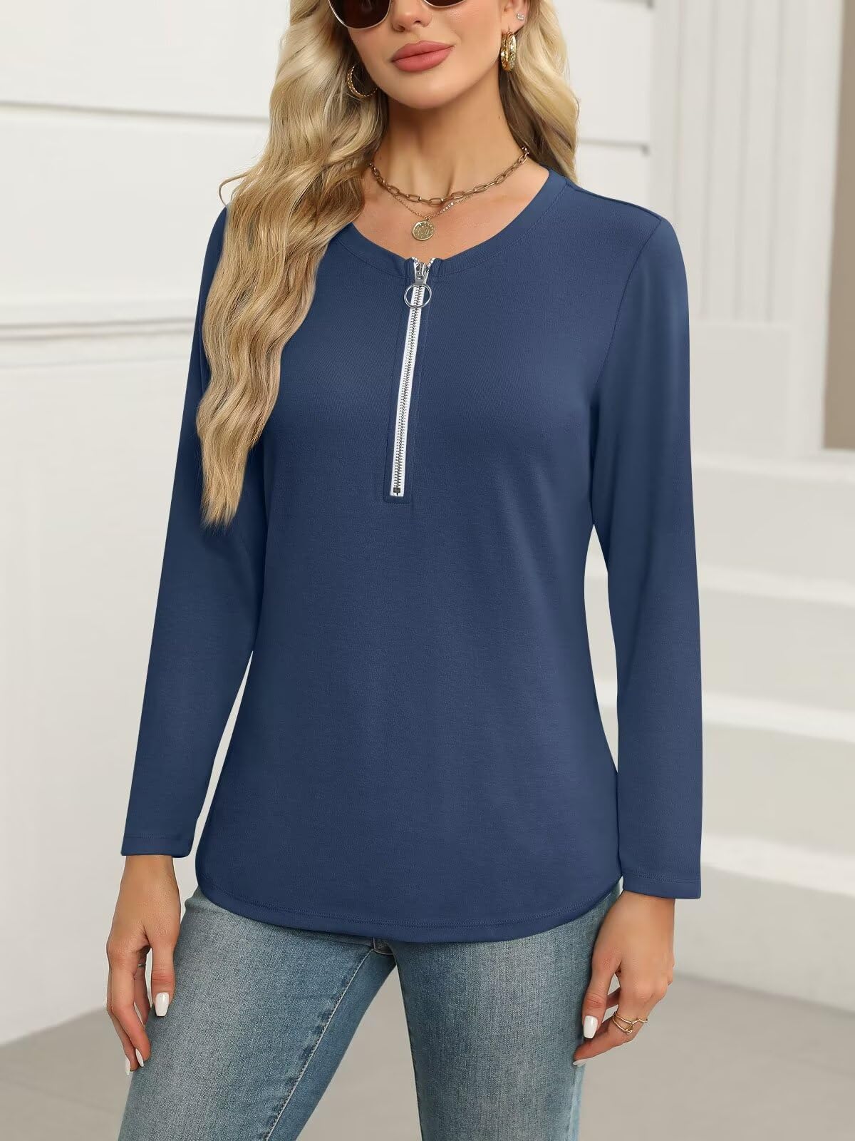 ORANDESIGNE Women's Long Sleeve Shirts Fall Zipper Tops Tunics Ladies Casual Tees Blouses