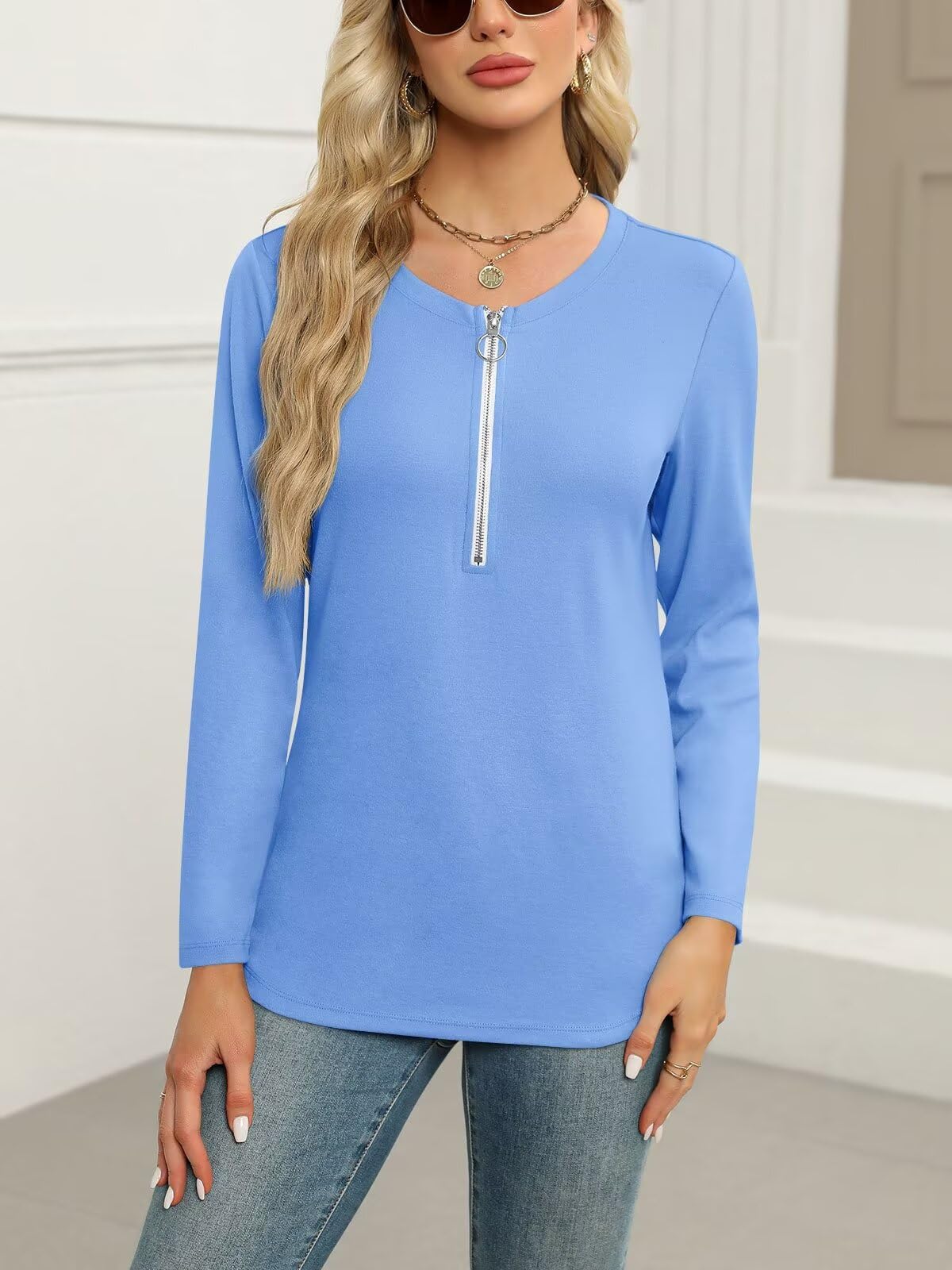 ORANDESIGNE Women's Long Sleeve Shirts Fall Zipper Tops Tunics Ladies Casual Tees Blouses