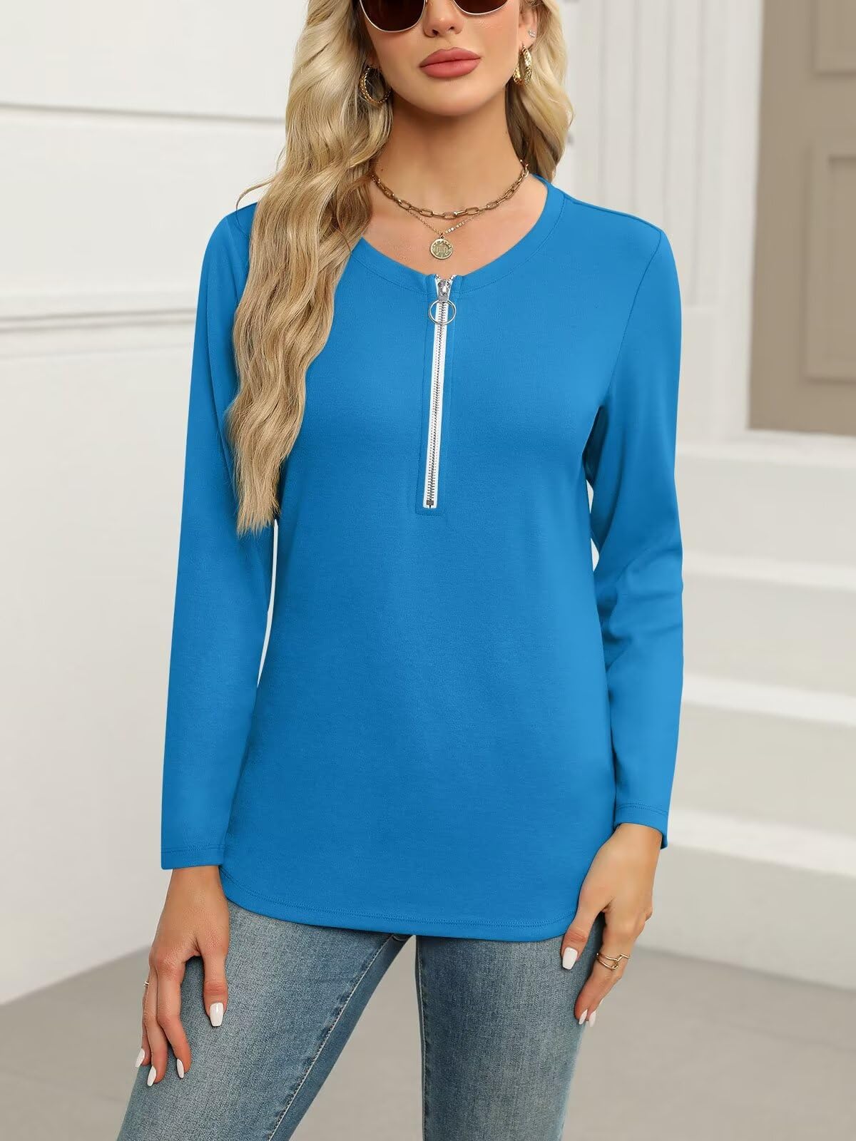 ORANDESIGNE Women's Long Sleeve Shirts Fall Zipper Tops Tunics Ladies Casual Tees Blouses