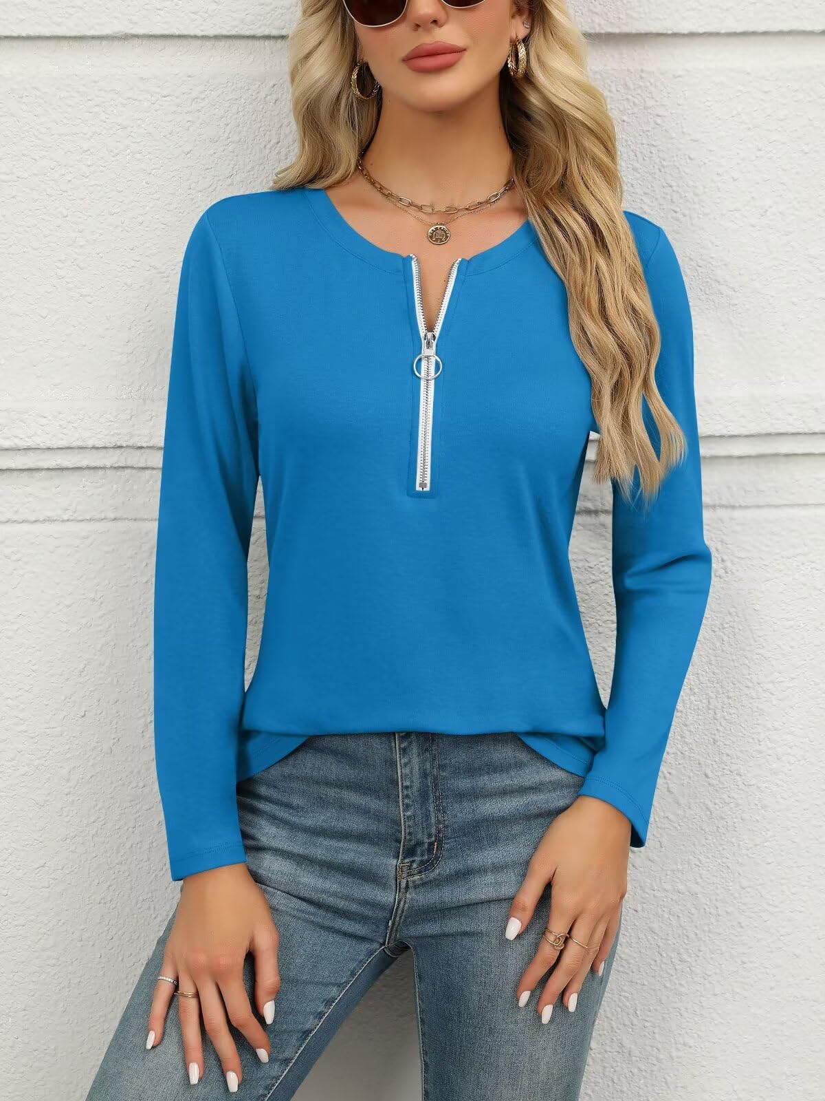 ORANDESIGNE Women's Long Sleeve Shirts Fall Zipper Tops Tunics Ladies Casual Tees Blouses