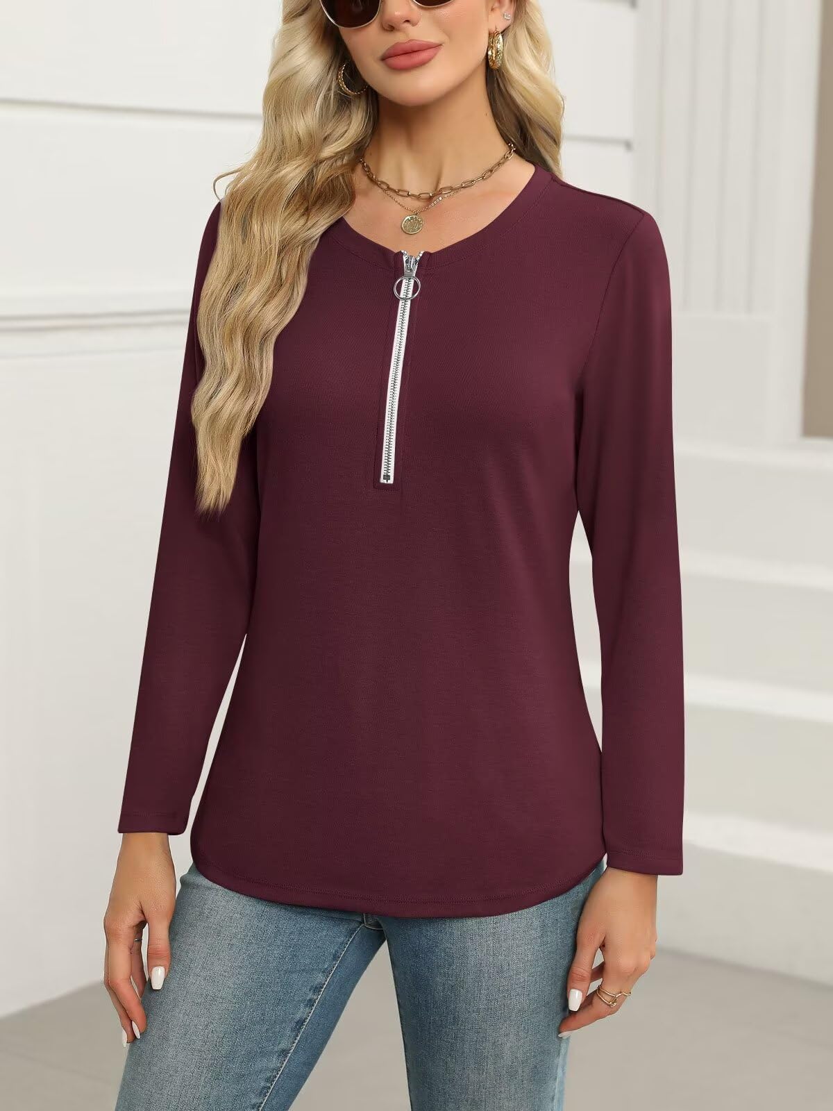 ORANDESIGNE Women's Long Sleeve Shirts Fall Zipper Tops Tunics Ladies Casual Tees Blouses