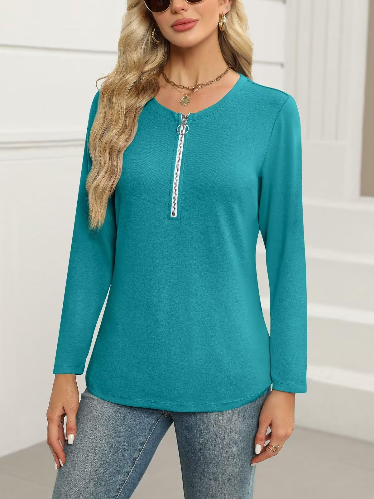 ORANDESIGNE Women's Long Sleeve Shirts Fall Zipper Tops Tunics Ladies Casual Tees Blouses