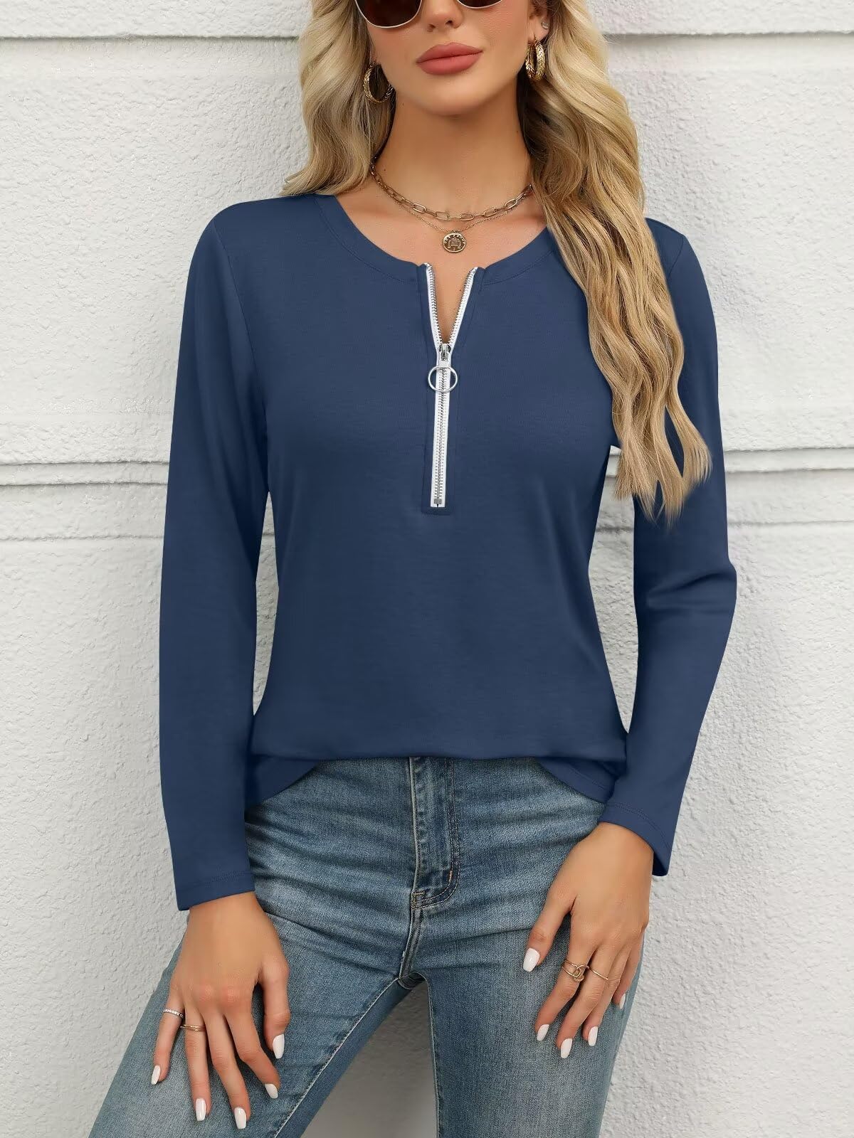 ORANDESIGNE Women's Long Sleeve Shirts Fall Zipper Tops Tunics Ladies Casual Tees Blouses