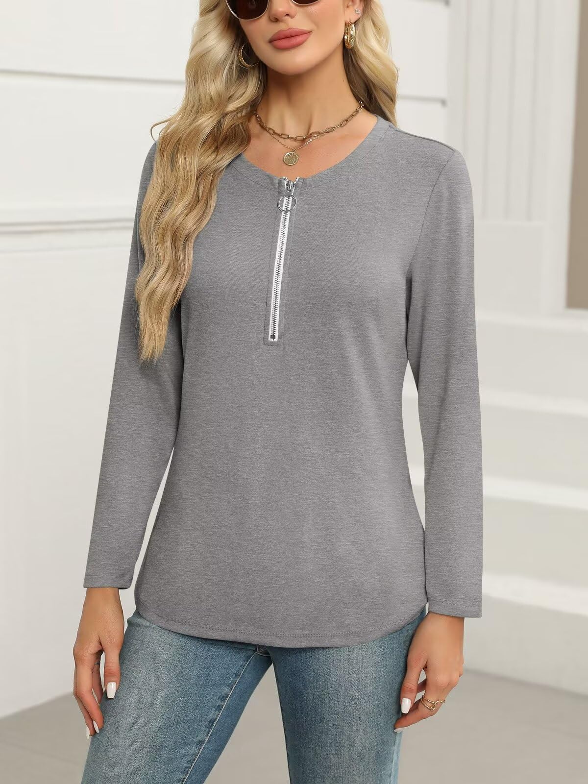 ORANDESIGNE Women's Long Sleeve Shirts Fall Zipper Tops Tunics Ladies Casual Tees Blouses