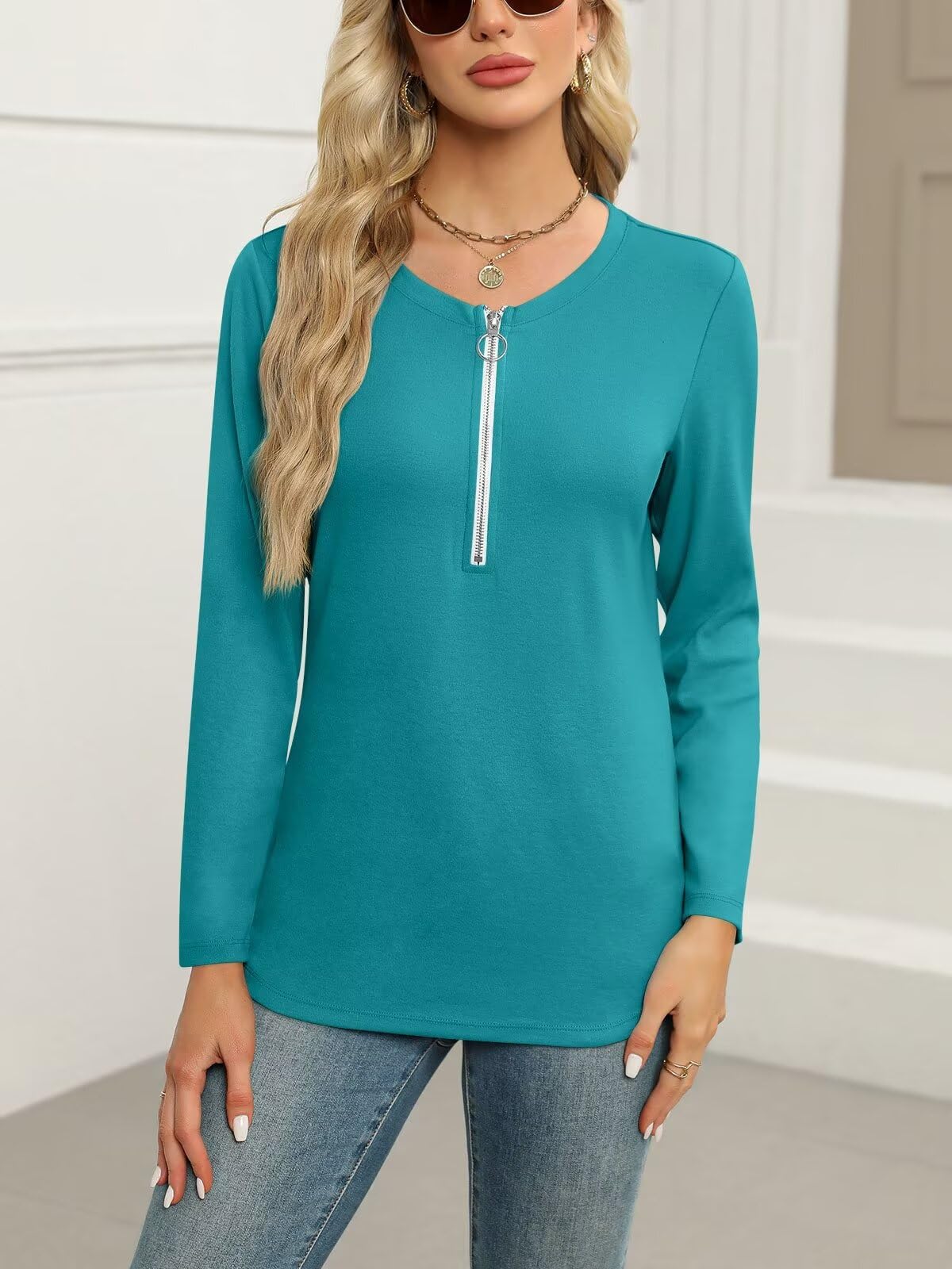 ORANDESIGNE Women's Long Sleeve Shirts Fall Zipper Tops Tunics Ladies Casual Tees Blouses
