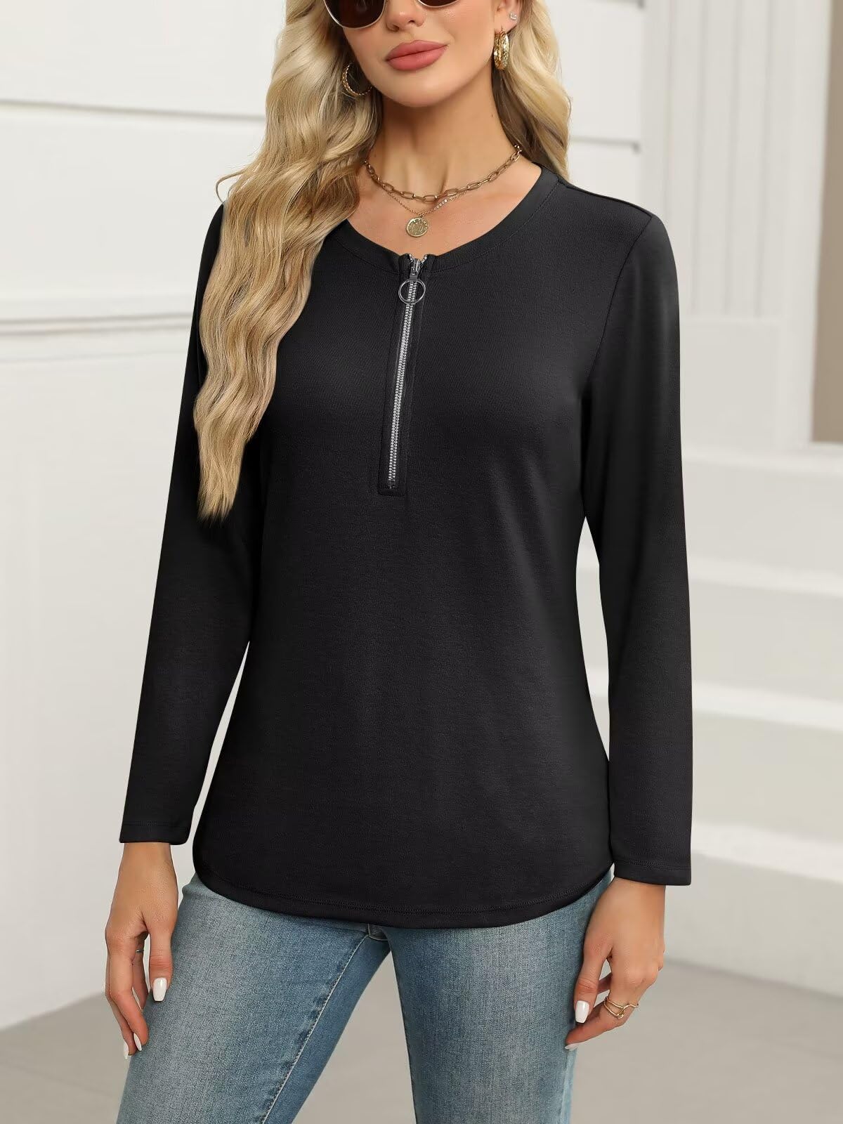 ORANDESIGNE Women's Long Sleeve Shirts Fall Zipper Tops Tunics Ladies Casual Tees Blouses