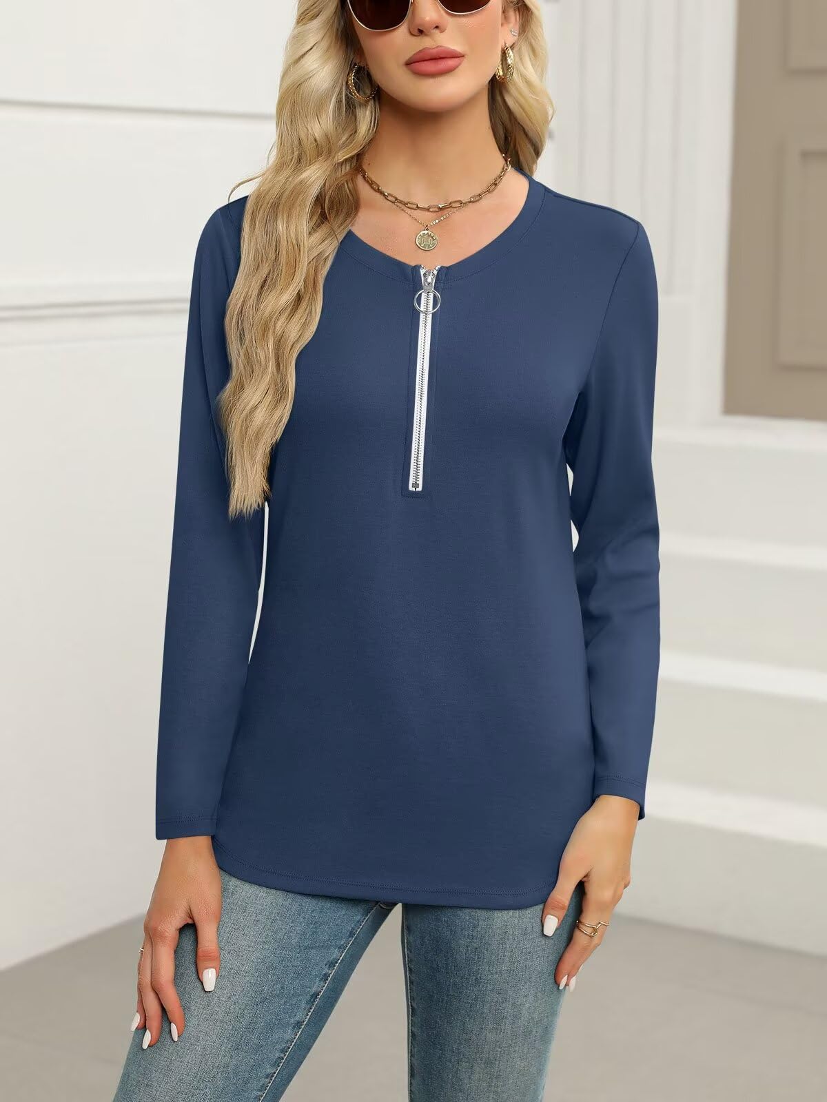 ORANDESIGNE Women's Long Sleeve Shirts Fall Zipper Tops Tunics Ladies Casual Tees Blouses