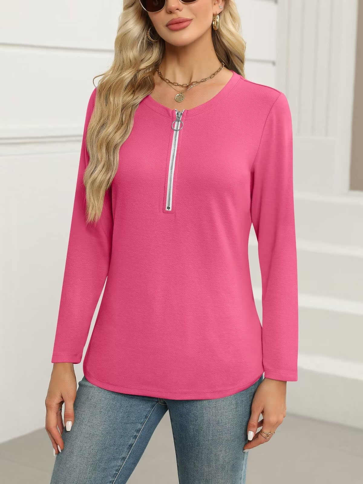 ORANDESIGNE Women's Long Sleeve Shirts Fall Zipper Tops Tunics Ladies Casual Tees Blouses