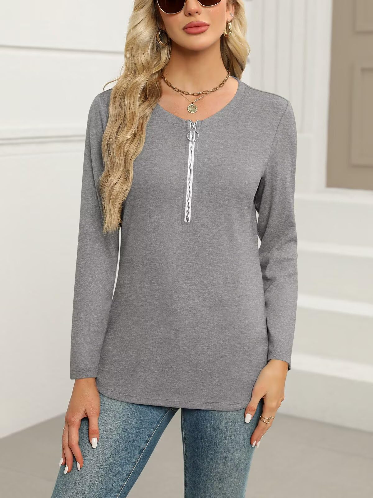 ORANDESIGNE Women's Long Sleeve Shirts Fall Zipper Tops Tunics Ladies Casual Tees Blouses