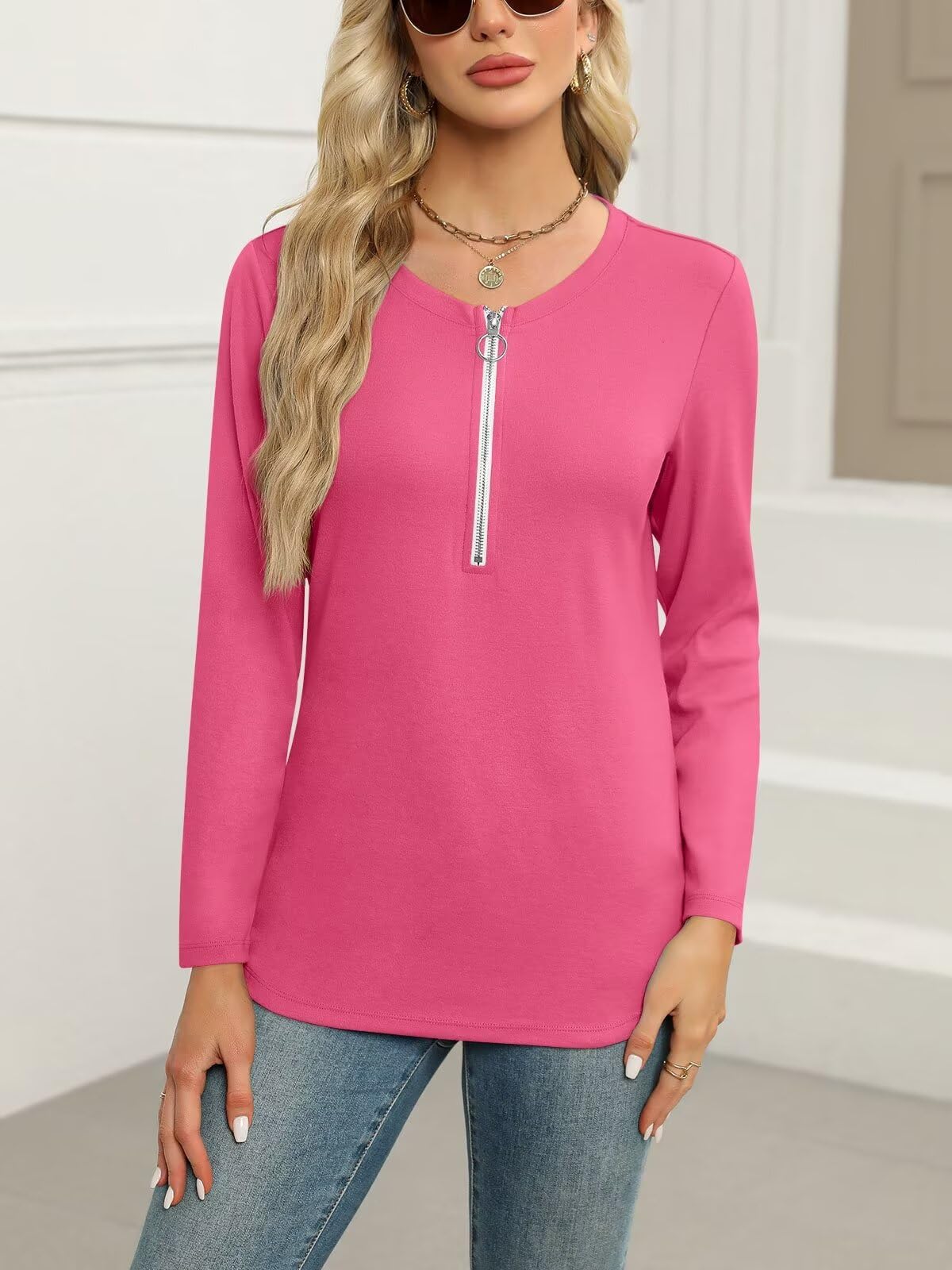 ORANDESIGNE Women's Long Sleeve Shirts Fall Zipper Tops Tunics Ladies Casual Tees Blouses