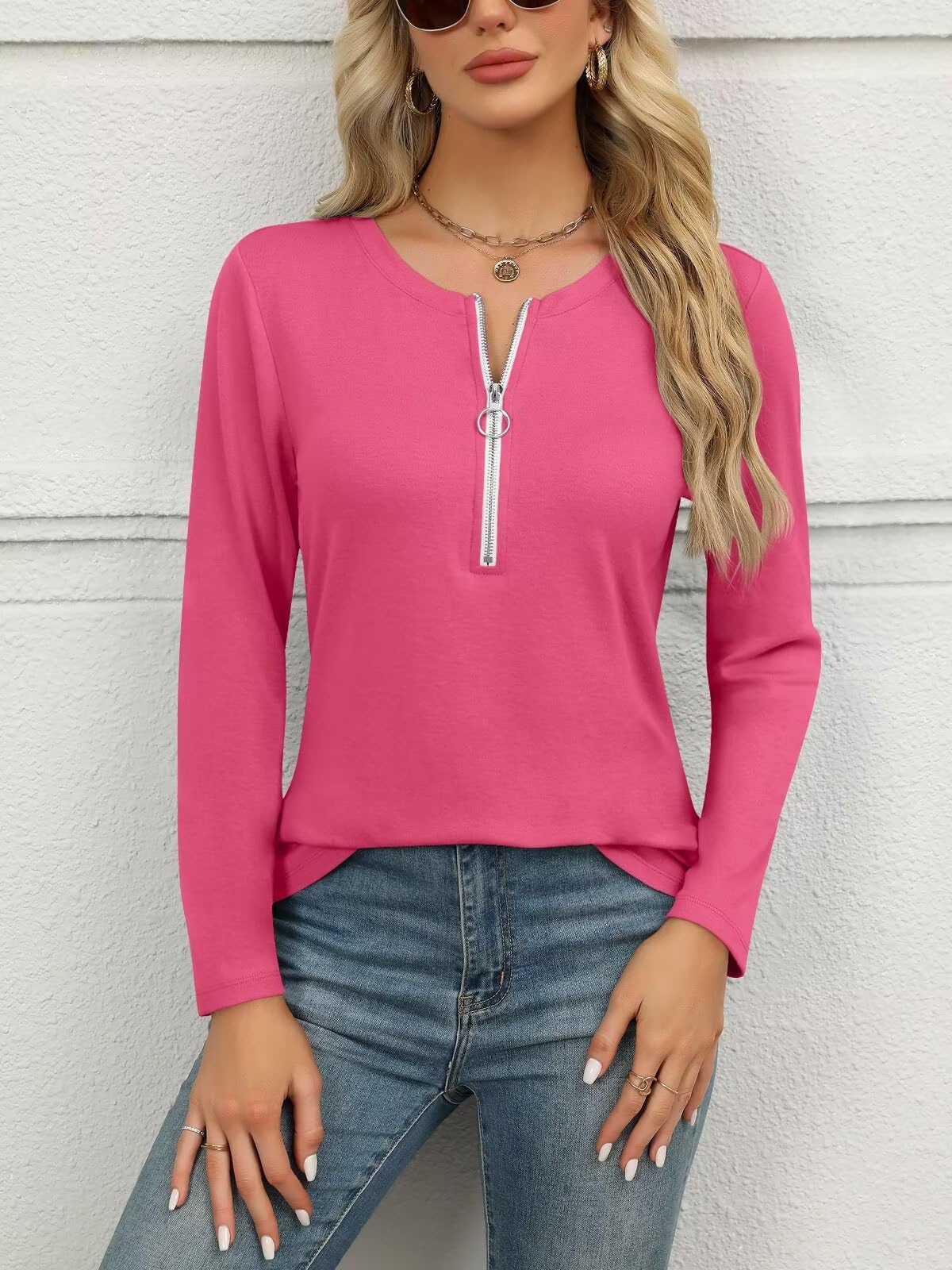 ORANDESIGNE Women's Long Sleeve Shirts Fall Zipper Tops Tunics Ladies Casual Tees Blouses