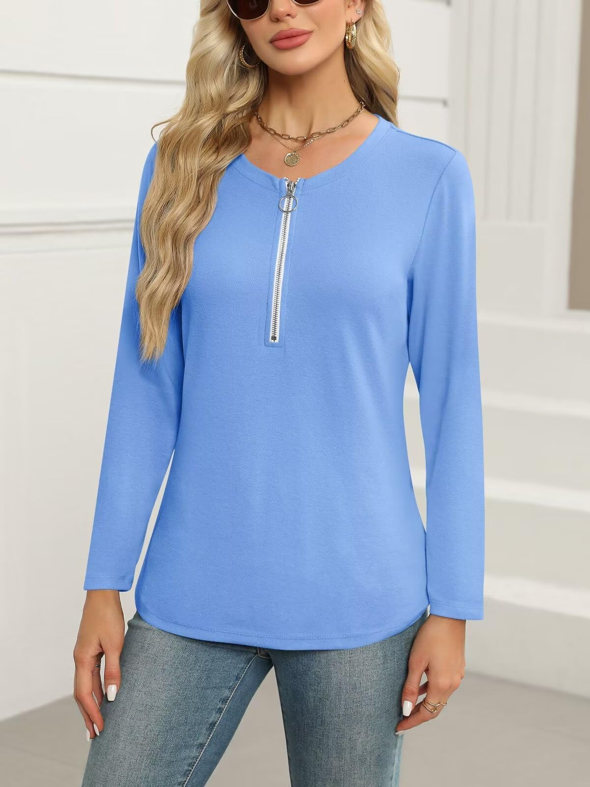 ORANDESIGNE Women's Long Sleeve Shirts Fall Zipper Tops Tunics Ladies Casual Tees Blouses