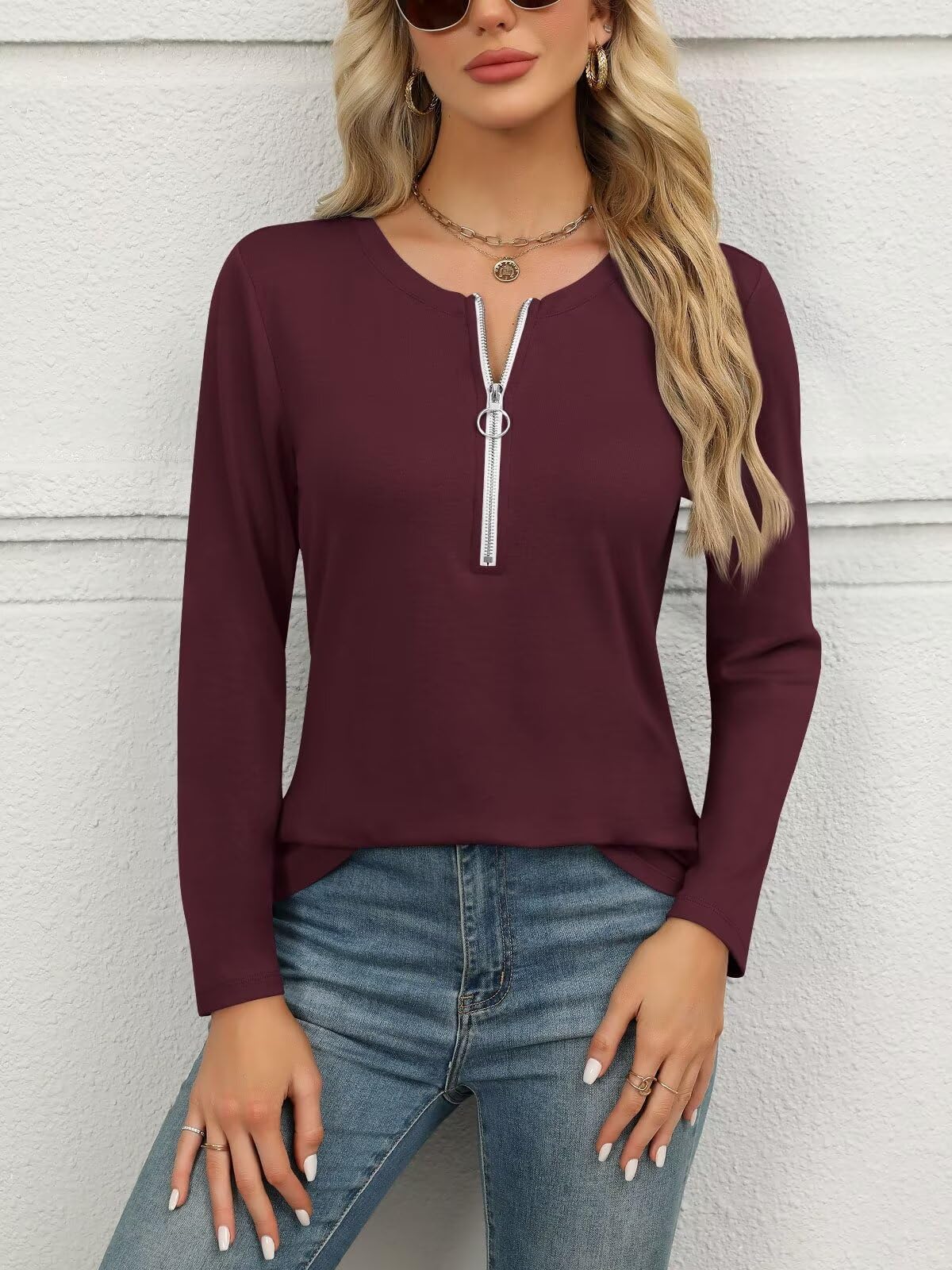 ORANDESIGNE Women's Long Sleeve Shirts Fall Zipper Tops Tunics Ladies Casual Tees Blouses