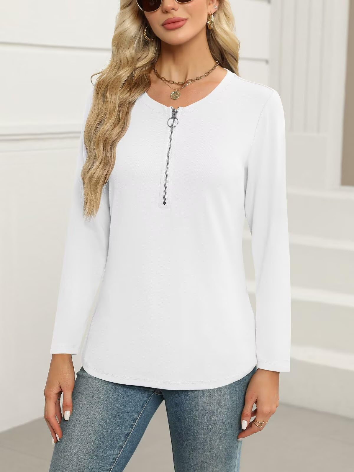 ORANDESIGNE Women's Long Sleeve Shirts Fall Zipper Tops Tunics Ladies Casual Tees Blouses