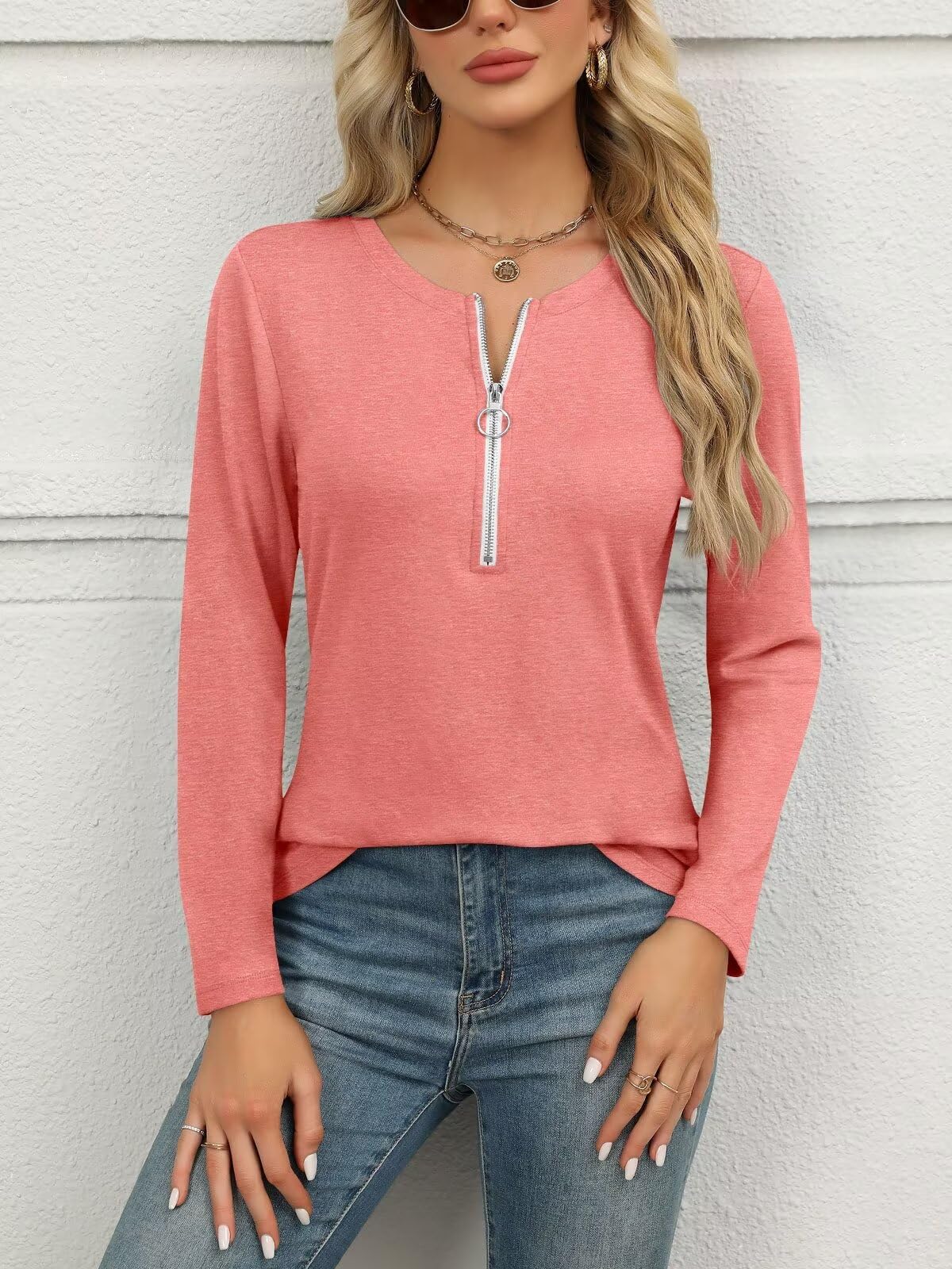 ORANDESIGNE Women's Long Sleeve Shirts Fall Zipper Tops Tunics Ladies Casual Tees Blouses