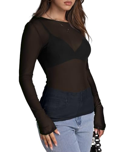 WIHOLL Womens Mesh Sheer Tops Sexy Crew Neck Summer Loose FIt Party Clubwear Shirts