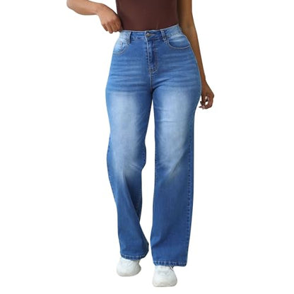 Womens Straight Leg Jeans High Waisted Wide Leg Jeans Casual Stretchy Denim Pants