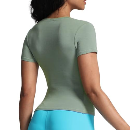 Aoxjox Women's Casual Basic Tee HIGH Elastic Cotton T-Shirt Short Sleeve Tops Everyday Crew Neck Slim Fit Basic Tee Y2k