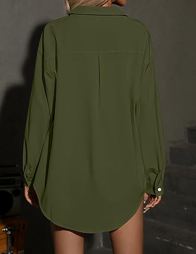 HOTOUCH Women Oversized Button Down Shirts Office Drop Shoulder Blouse Long Sleeve Boyfriend Dress Shirt with Pockets