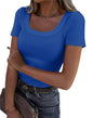 Roselux Women's Summer Scoop Neck Short Sleeve T-Shirts Ribbed Knit Slim Fitted Casual Basic Top