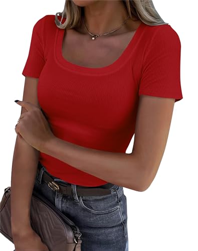 Roselux Women's Summer Scoop Neck Short Sleeve T-Shirts Ribbed Knit Slim Fitted Casual Basic Top