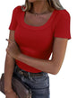 Roselux Women's Summer Scoop Neck Short Sleeve T-Shirts Ribbed Knit Slim Fitted Casual Basic Top