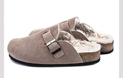 XHBYG Winter Women Faux Cow Suede Leather Mule Clogs Slippers Long Plush Warm Indoor Soft Cork Buckle Slides Footwear for Women Men 40 Apricot