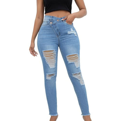 Ripped Jeans for Women Trendy High Waisted Lady Skinny Stretchy Pencil Jeans Bootcut Straight Leg Casual Denim Pants