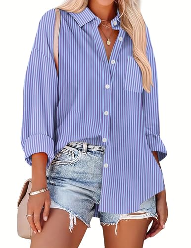 HOTOUCH Women Oversized Button Down Shirts Office Drop Shoulder Blouse Long Sleeve Boyfriend Dress Shirt with Pockets