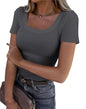 Roselux Women's Summer Scoop Neck Short Sleeve T-Shirts Ribbed Knit Slim Fitted Casual Basic Top