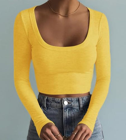 Artfish Women's Square Neck Long Sleeve Ribbed Slim Fitted Casual Basic Crop Top