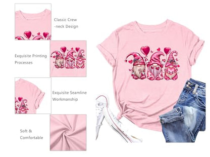 Valentine's Day Shirt for Womens Cute Gnomes T-Shirt Love Heart Printed Shirts Short Sleeve Graphic Tees Tops