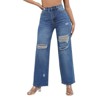 Womens Straight Leg Jeans High Waisted Wide Leg Jeans Casual Stretchy Denim Pants