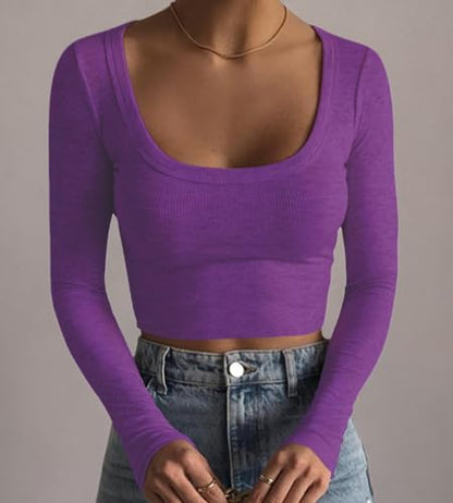 Artfish Women's Square Neck Long Sleeve Ribbed Slim Fitted Casual Basic Crop Top