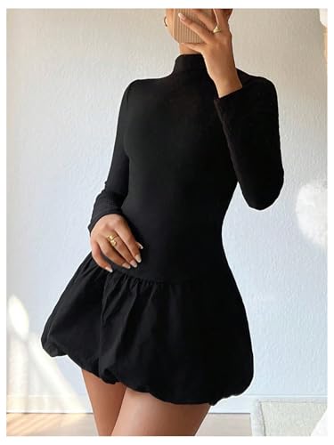 Milumia Women's Mock Neck Long Sleeve Mini Dress Open Back Ruffle Bubble Short Dresses