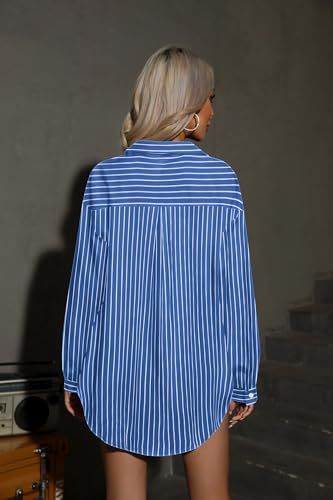 HOTOUCH Women Oversized Button Down Shirts Office Drop Shoulder Blouse Long Sleeve Boyfriend Dress Shirt with Pockets
