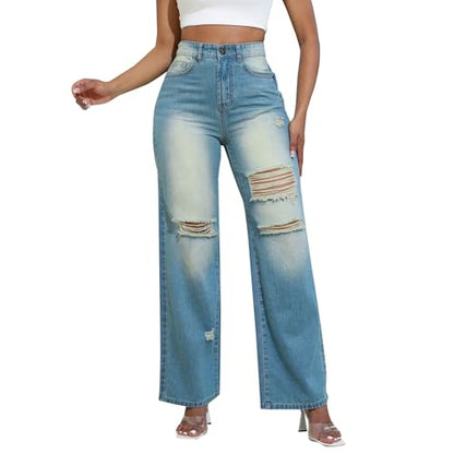 Womens Straight Leg Jeans High Waisted Wide Leg Jeans Casual Stretchy Denim Pants