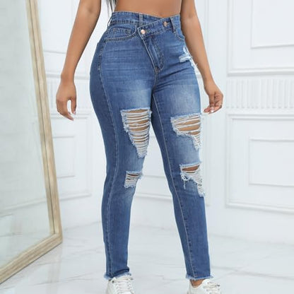Ripped Jeans for Women Trendy High Waisted Lady Skinny Stretchy Pencil Jeans Bootcut Straight Leg Casual Denim Pants