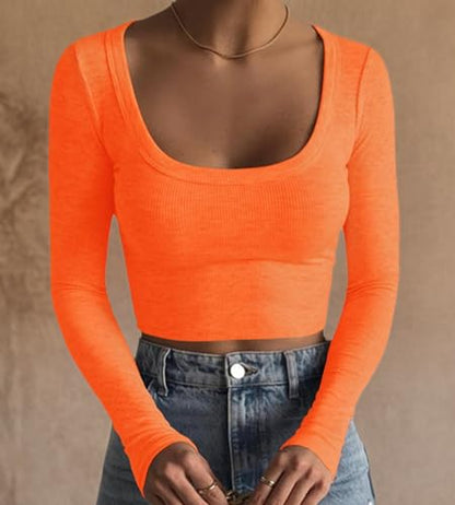 Artfish Women's Square Neck Long Sleeve Ribbed Slim Fitted Casual Basic Crop Top