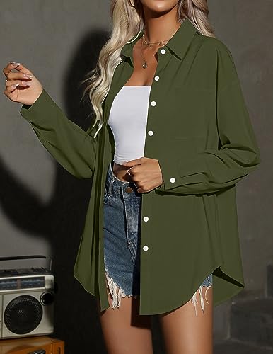 HOTOUCH Women Oversized Button Down Shirts Office Drop Shoulder Blouse Long Sleeve Boyfriend Dress Shirt with Pockets